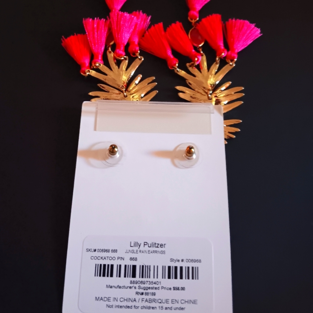 New Gold Lilly Pulitzer'Jungle Rain' Dangling Earrings w/ Pink Gem & Tassels